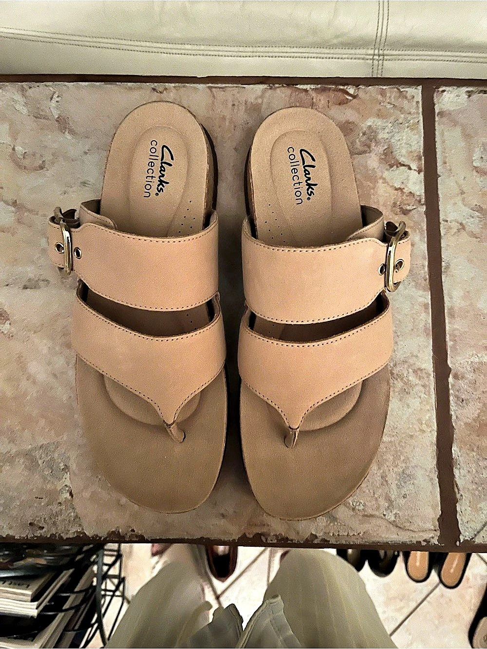 Clarks Releigh Parks Buckle Slide Sandals in beige microsuede. Like New!
